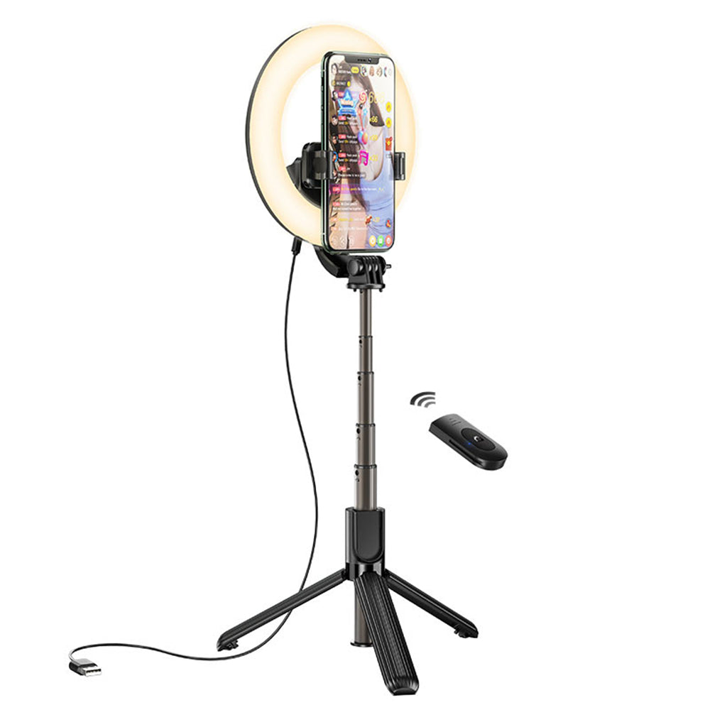 Trépied sans fil pour perche à selfie, support de téléphone avec anneau lumineux et télécommande Trépied sans fil pour perche à selfie, support de téléphone avec anneau lumineux et télécommande